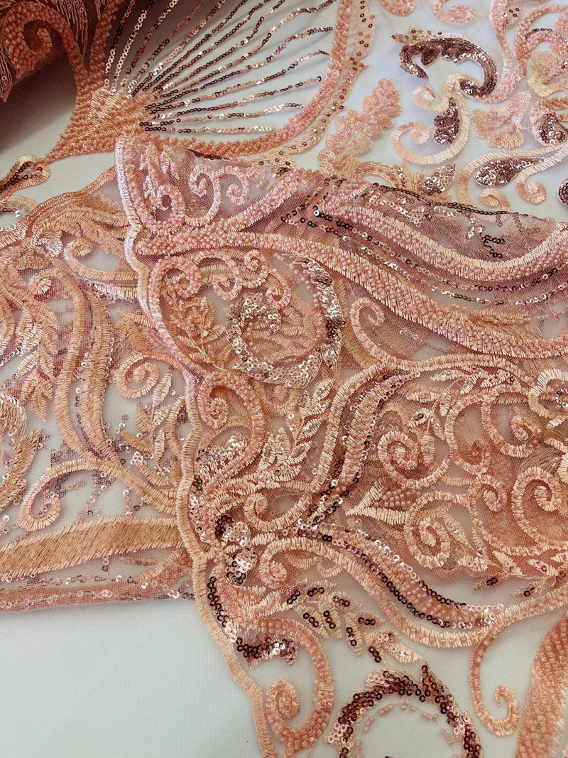 Blush Pink Floral damask embroider and heavy beaded on a mesh lace fabric/wedding/Costplay