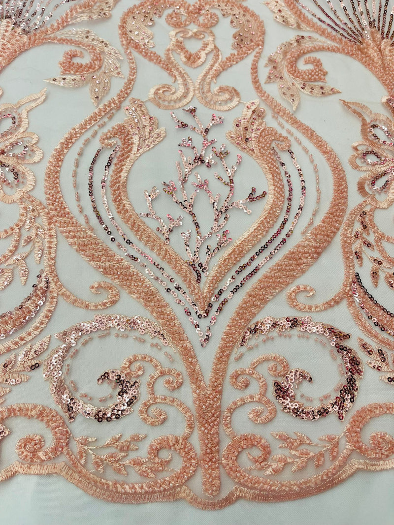 Blush Pink Floral damask embroider and heavy beaded on a mesh lace fabric/wedding/Costplay