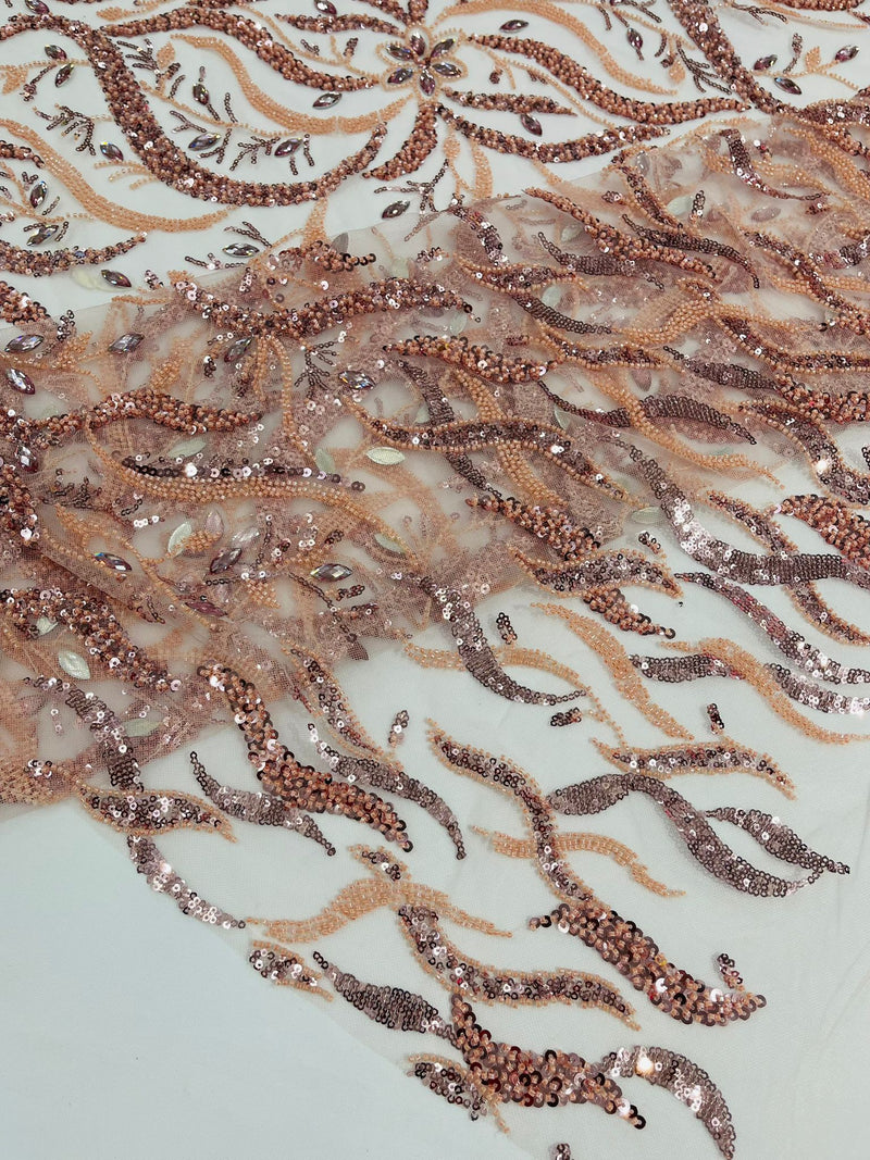 Blush Pink Vine Design Embroider And Heavy Beading/Sequins On A Mesh Lace Fabric/Wedding Lace/Costplay.