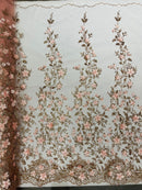 Princess Glitter 3d floral design embroidery with pearls in a mesh lace-sold by the yard.