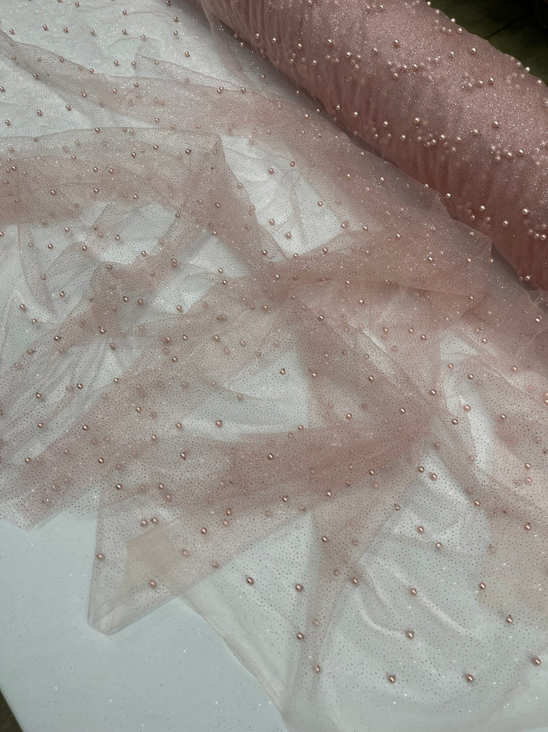 Pearl Glitter Studded Mesh, 2-Way Stretch Shimmer Mesh Fabric, Sold by the yard.