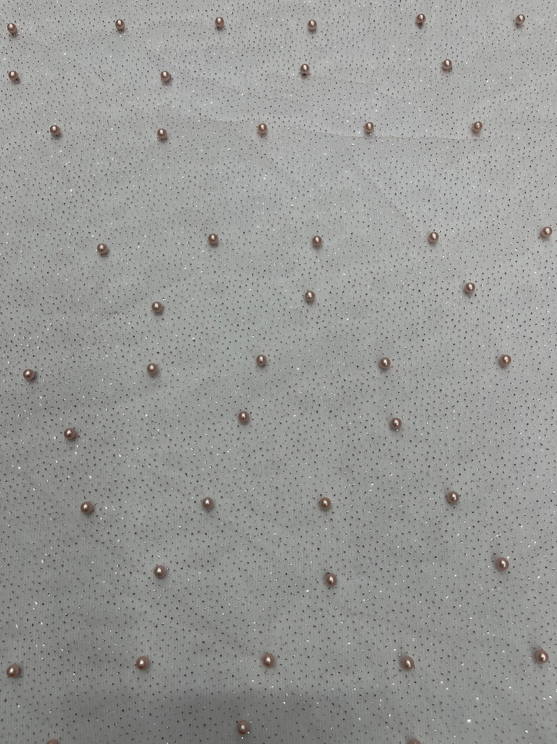 Pearl Glitter Studded Mesh, 2-Way Stretch Shimmer Mesh Fabric, Sold by the yard.