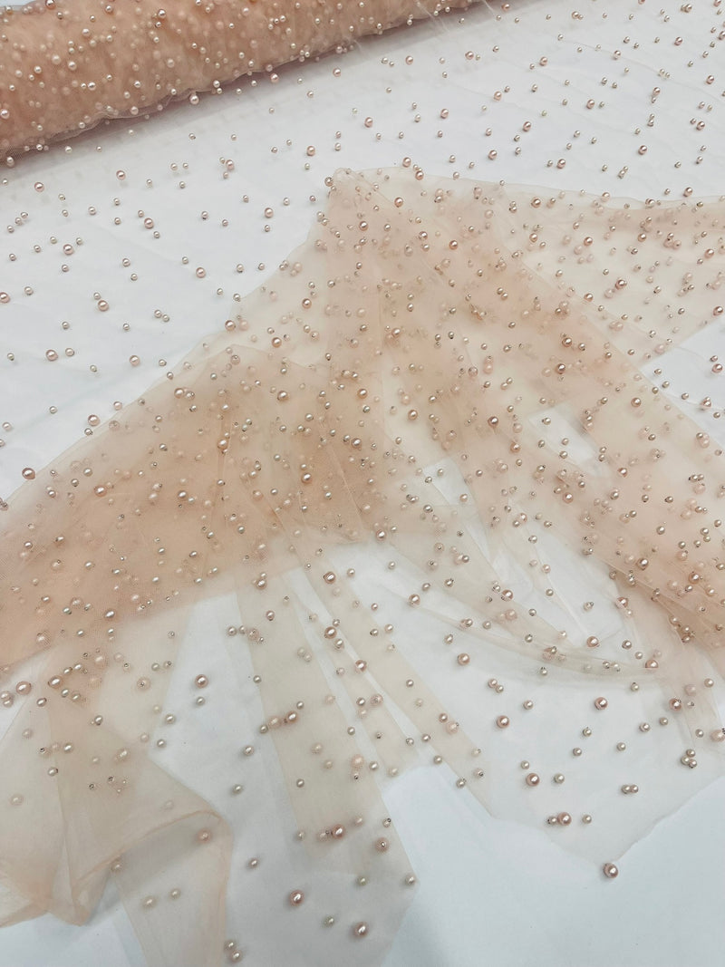Heavy Scattered Pearls Studded Mesh, 2-Way Stretch, sold by the yard.