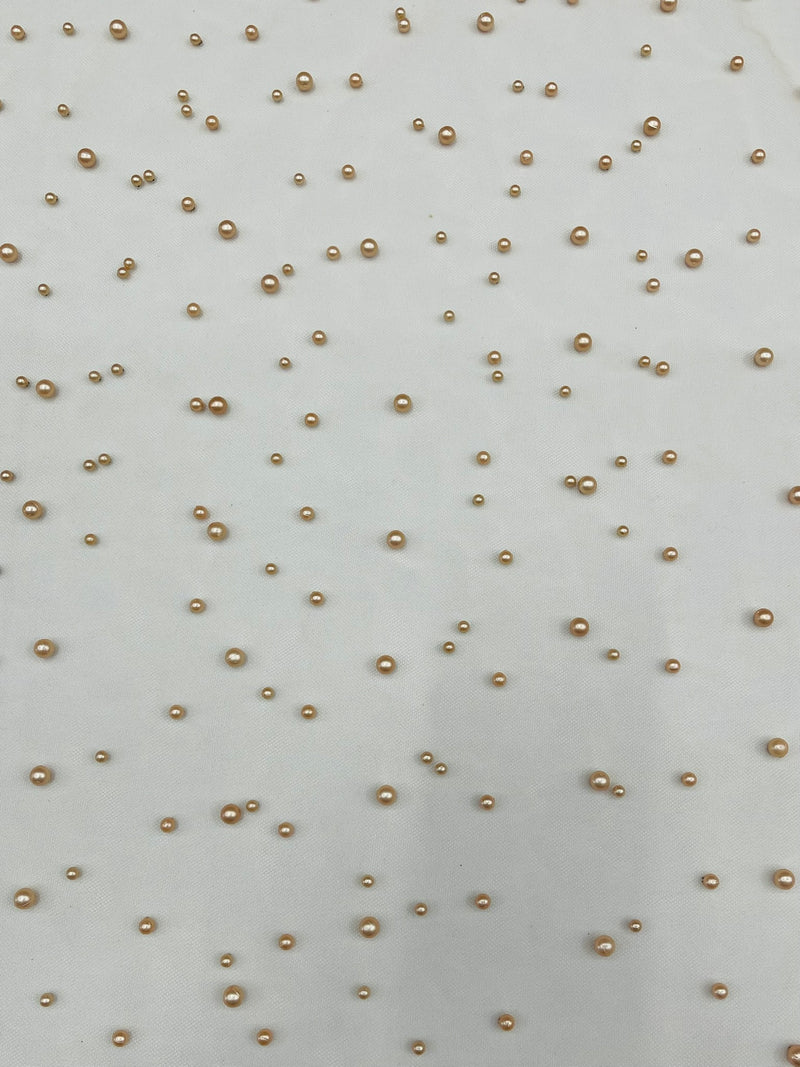Heavy Scattered Pearls Studded Mesh, 2-Way Stretch, sold by the yard.
