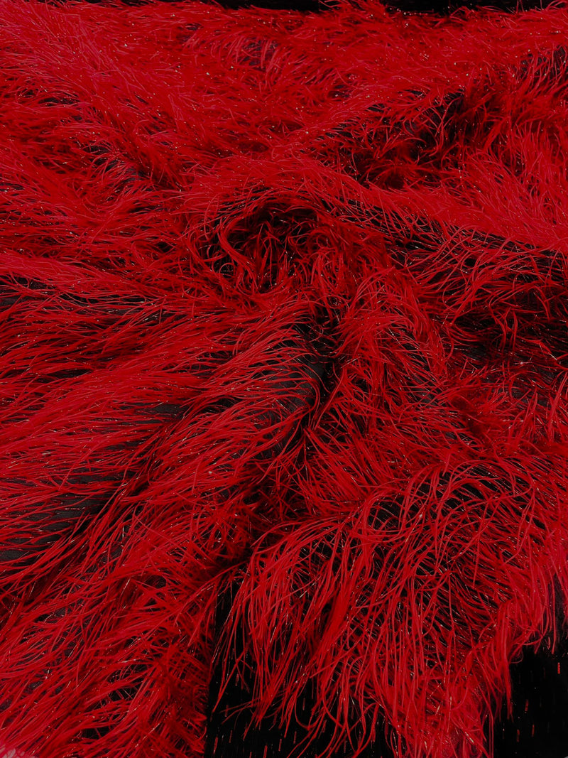 Burgundy/Black Shaggy Jacquard Faux Ostrich/Eye Lash Feathers Fringe With Metallic Thread By The Yard