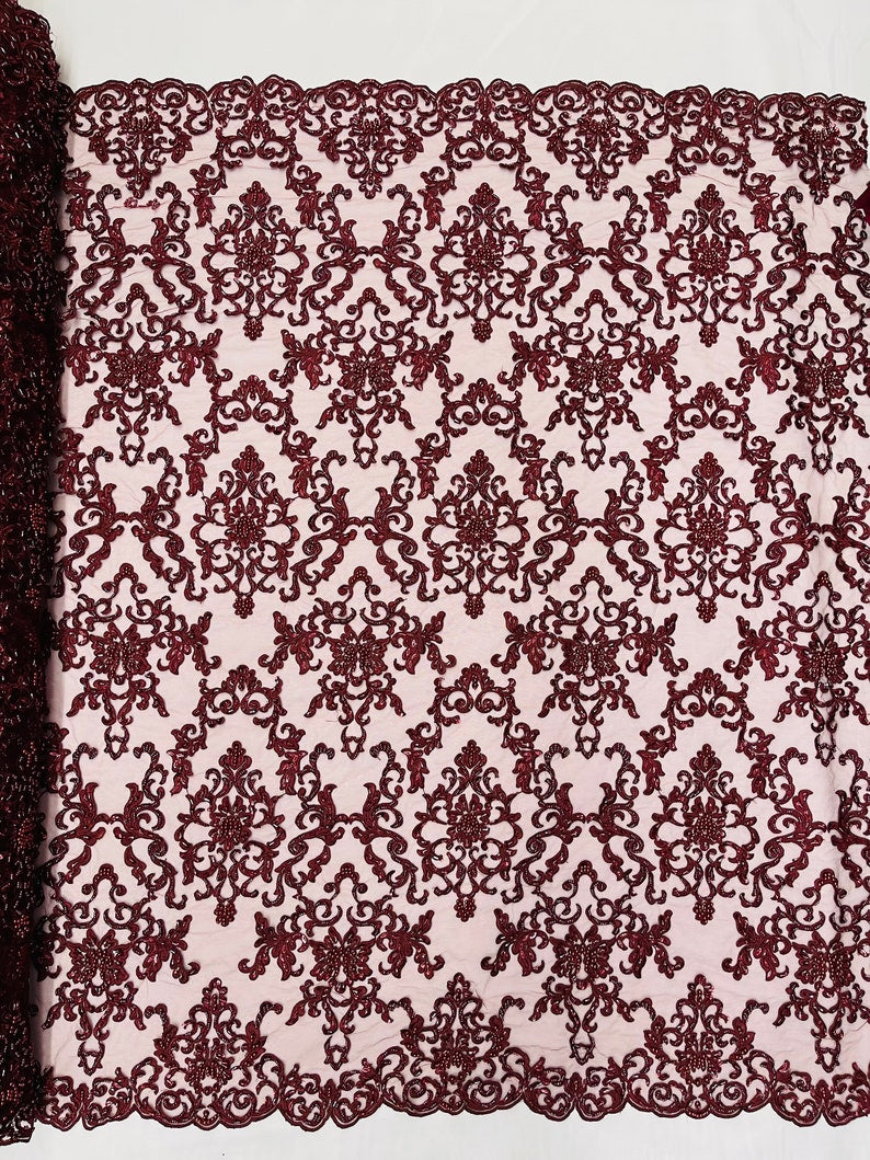Burgundy Damask embroider with sequins and heavy beaded on a mesh lace fabric-sold by the yard