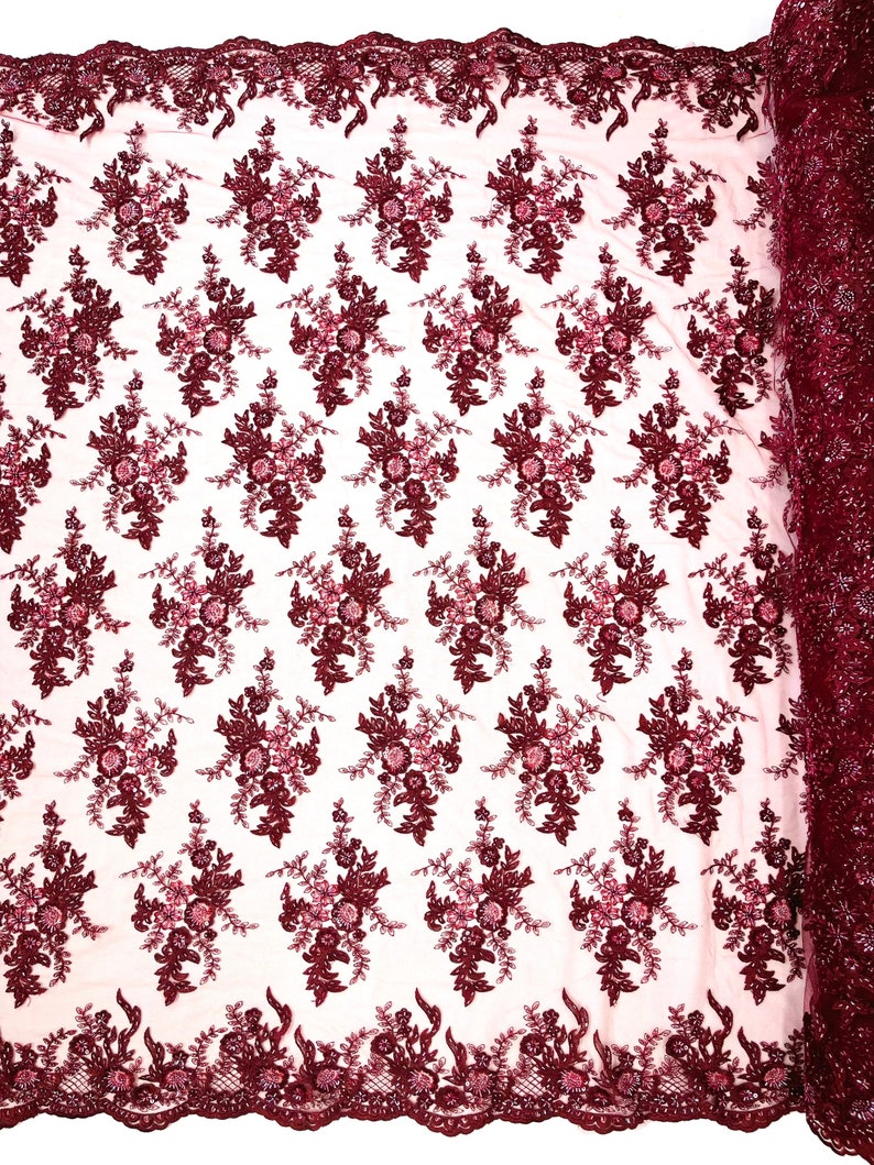 Burgundy Gorgeous French design embroider and beaded on a mesh lace. Wedding/Bridal/Prom/Nightgown fabric