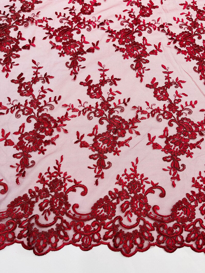 Burgundy Corded embroider flowers on a mesh lace fabric-prom-sold by the yard.