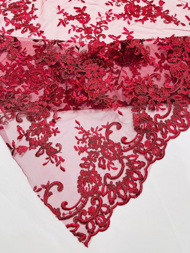 Burgundy Corded embroider flowers on a mesh lace fabric-prom-sold by the yard.