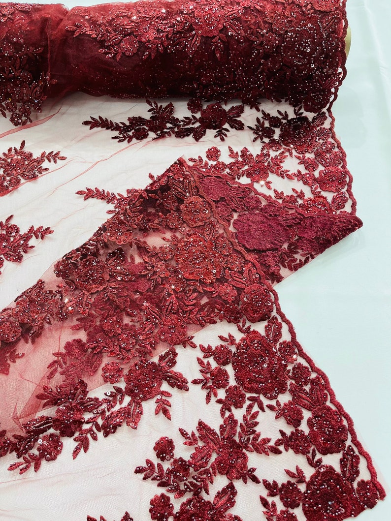 Burgundy Floral design embroider and beaded on a mesh lace fabric-Wedding/Bridal/Prom/Nightgown fabric