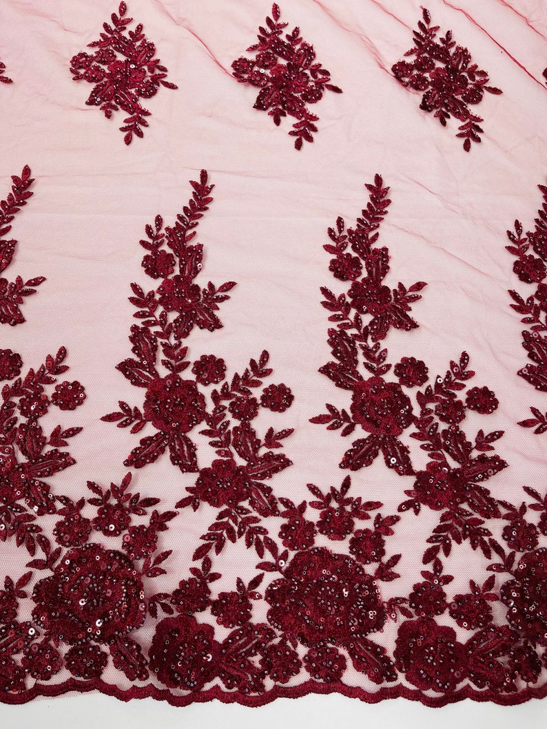 Burgundy Floral design embroider and beaded on a mesh lace fabric-Wedding/Bridal/Prom/Nightgown fabric
