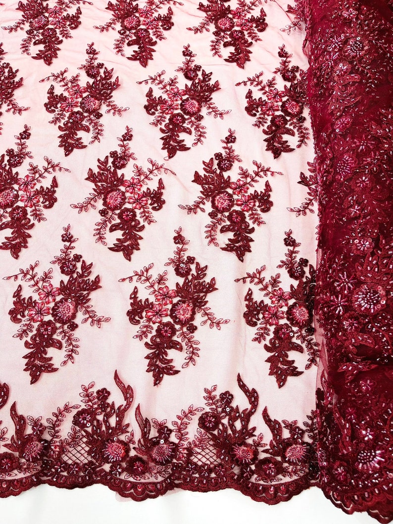 Burgundy Gorgeous French design embroider and beaded on a mesh lace. Wedding/Bridal/Prom/Nightgown fabric