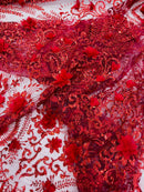 Floral 3D Palm Damask with Glitter in a Mesh Lace- Sold by the yard.