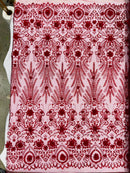 Floral 3D Palm Damask with Glitter in a Mesh Lace- Sold by the yard.