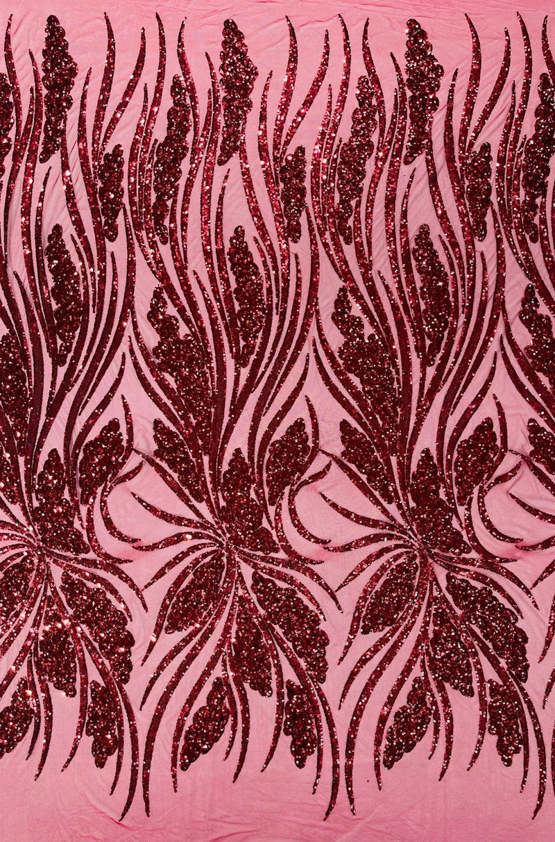 Feather damask shiny sequin design on a 4 way stretch mesh Fabric-sold by The yard.