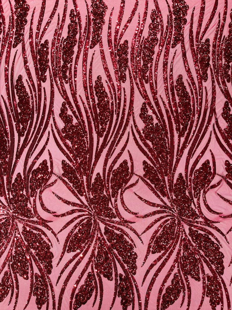 Feather damask shiny sequin design on a 4 way stretch mesh Fabric-sold by The yard.