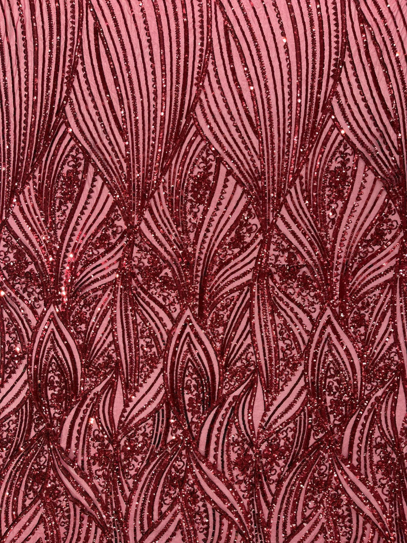 Geometric Feather wing shiny sequin design on a 4 way stretch mesh Fabric-old by the yard.