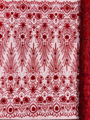Floral 3D Palm Damask with Glitter in a Mesh Lace- Sold by the yard.