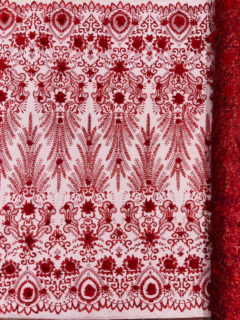 Floral 3D Palm Damask with Glitter in a Mesh Lace- Sold by the yard.