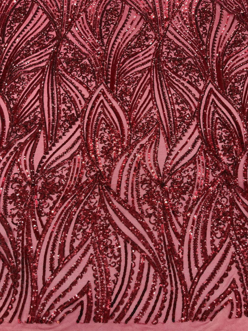 Geometric Feather wing shiny sequin design on a 4 way stretch mesh Fabric-old by the yard.