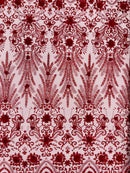 Floral 3D Palm Damask with Glitter in a Mesh Lace- Sold by the yard.