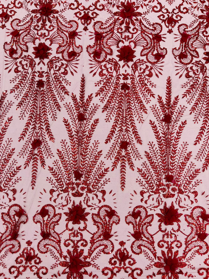 Floral 3D Palm Damask with Glitter in a Mesh Lace- Sold by the yard.