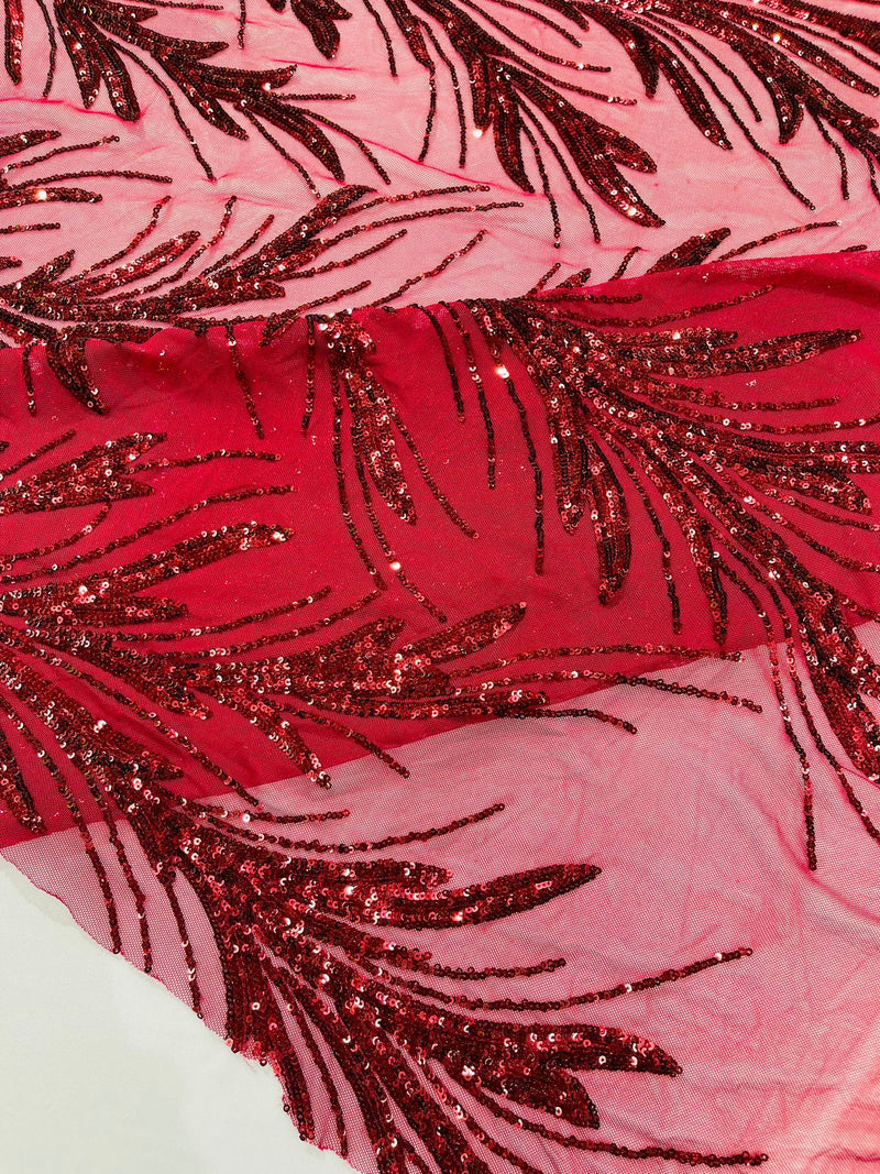 Feather Wing Shiny Sequin Design on a 4 Way Stretch mesh Fabric-Prom-Sold by The Yard.