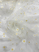 Ivory/Yellow Daisy flowers embroidered lace fabric, delicate floral embroidery, soft off white mesh and designer fashion
