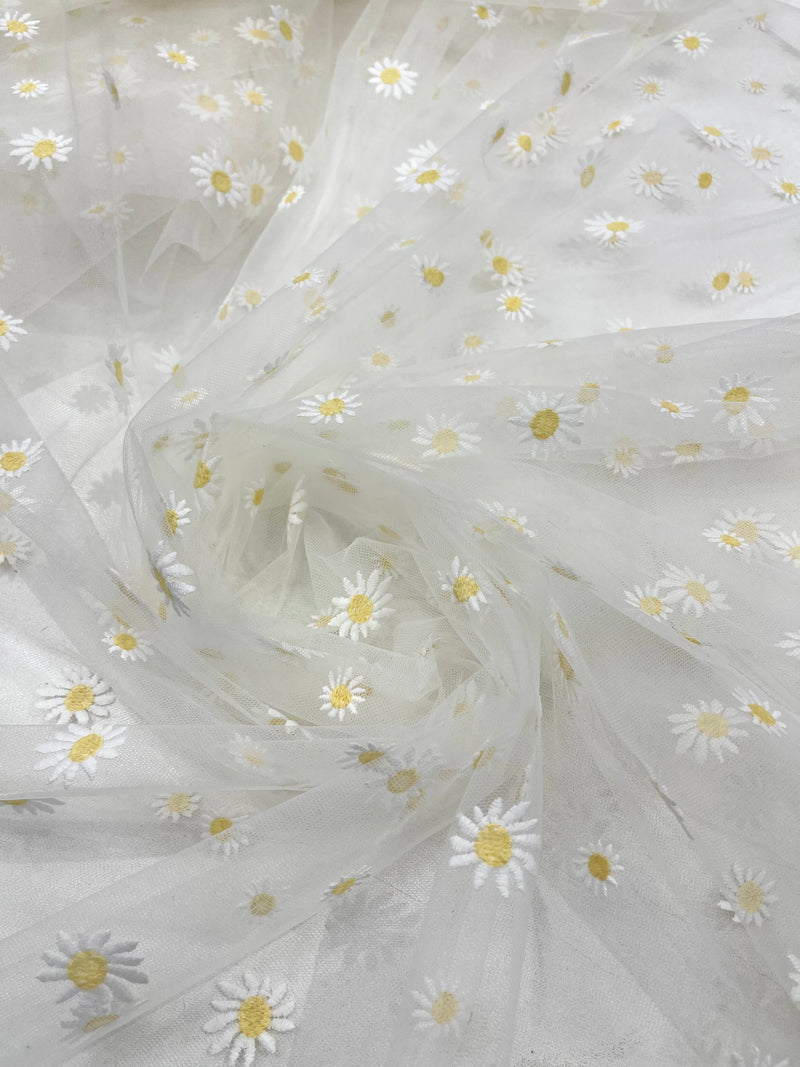 Ivory/Yellow Daisy flowers embroidered lace fabric, delicate floral embroidery, soft off white mesh and designer fashion