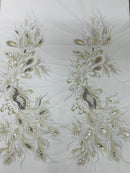 Peacock feathers multi color embroider with shiny sequins on a White mesh-nightgown-sold by 2 panels.