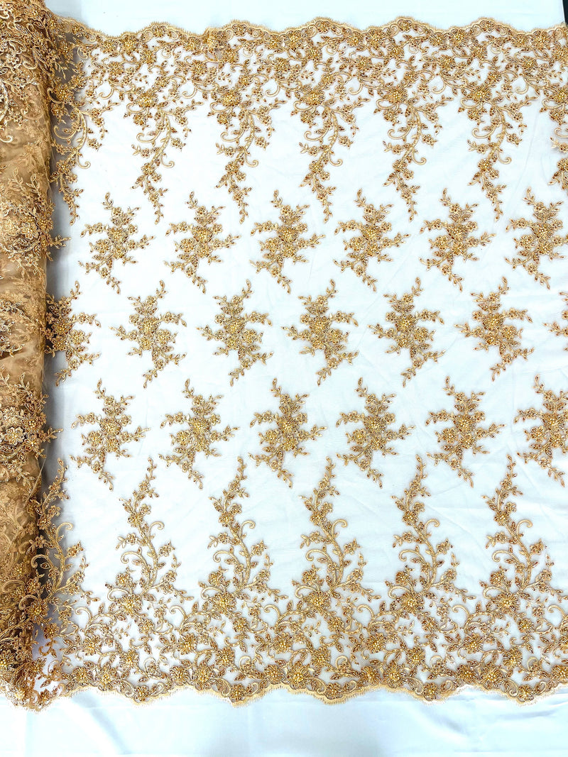 BIG FLORAL DAMASK BEADED MESH LACE FABRIC (By The Yard)