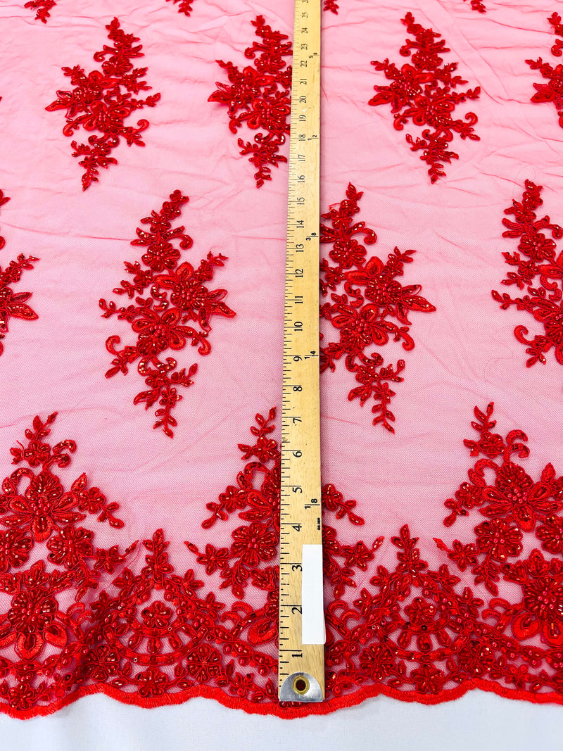 FLORAL DAMASK BEADED LACE ON MESH FABRIC (By The Yard)