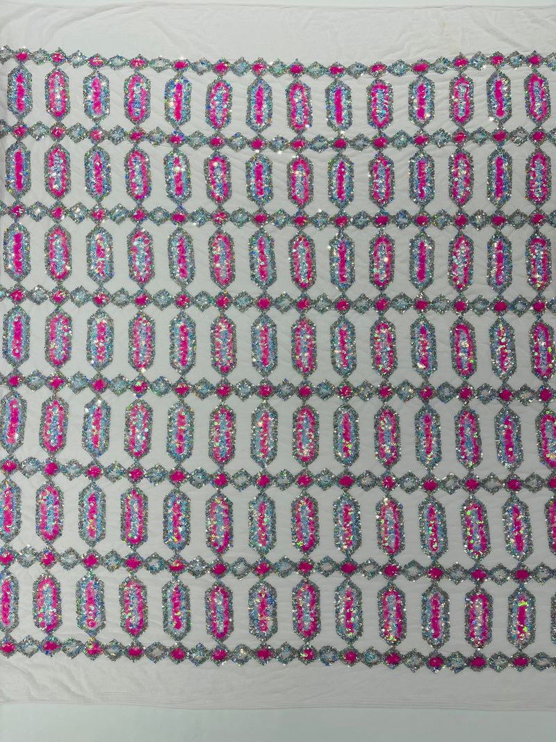 Candy Pink/Silver multi color iridescent Jewel sequin design on a White 4 way stretch mesh fabric.