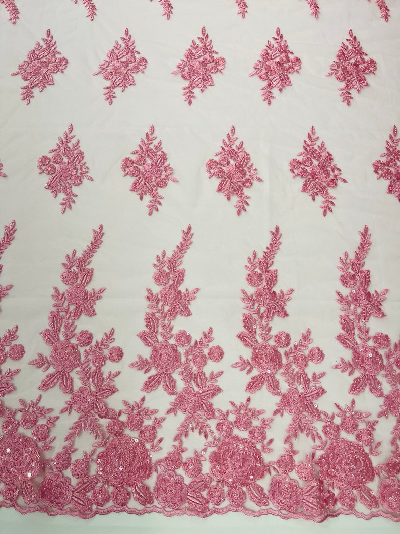 Candy Pink Floral design embroider and beaded on a mesh lace fabric-Wedding/Bridal/Prom/Nightgown fabric