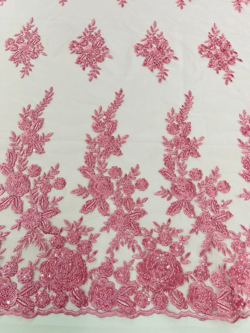 Candy Pink Floral design embroider and beaded on a mesh lace fabric-Wedding/Bridal/Prom/Nightgown fabric