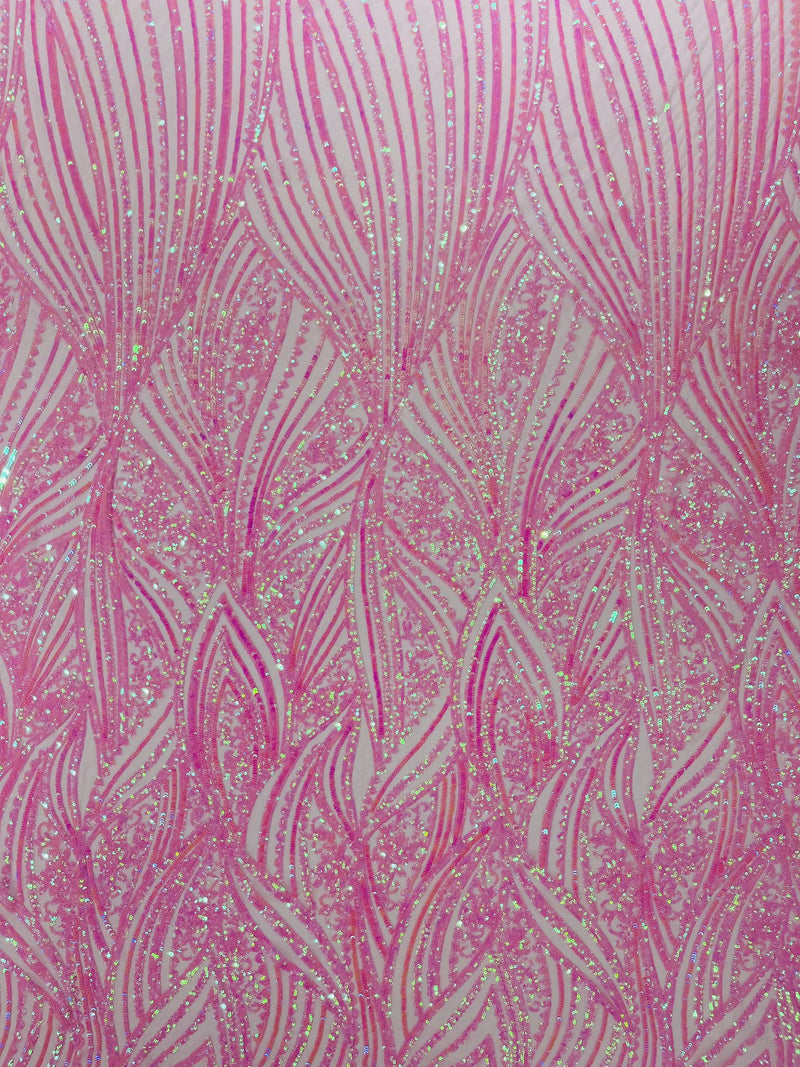 Geometric Feather wing shiny sequin design on a 4 way stretch mesh Fabric-old by the yard.