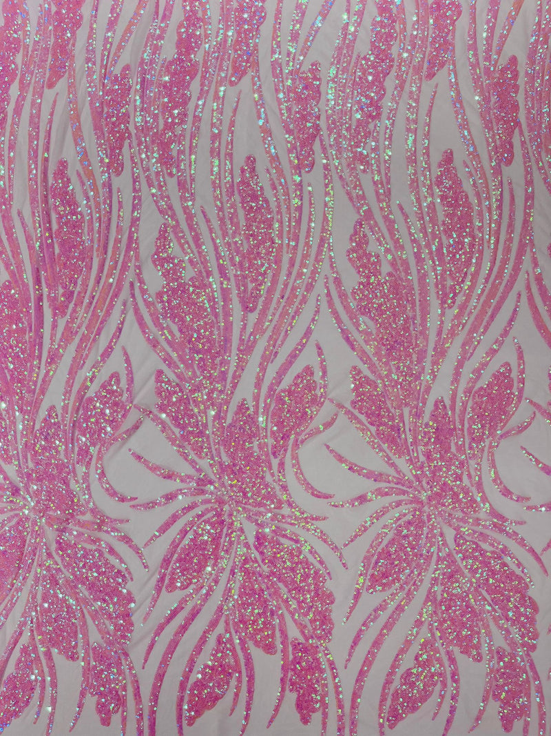 Feather damask shiny sequin design on a 4 way stretch mesh Fabric-sold by The yard.