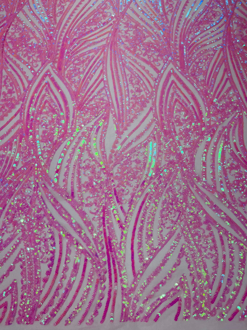 Geometric Feather wing shiny sequin design on a 4 way stretch mesh Fabric-old by the yard.