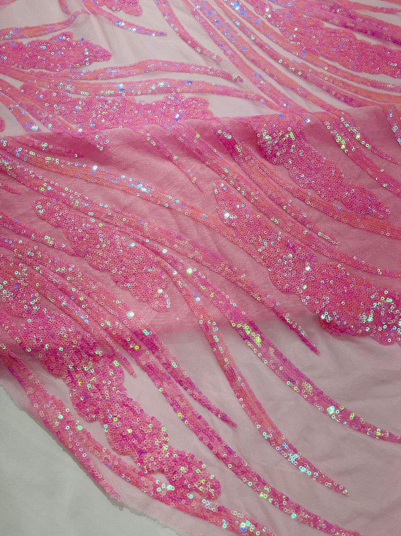 Feather damask shiny sequin design on a 4 way stretch mesh Fabric-sold by The yard.