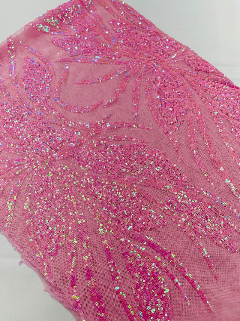 Feather damask shiny sequin design on a 4 way stretch mesh Fabric-sold by The yard.