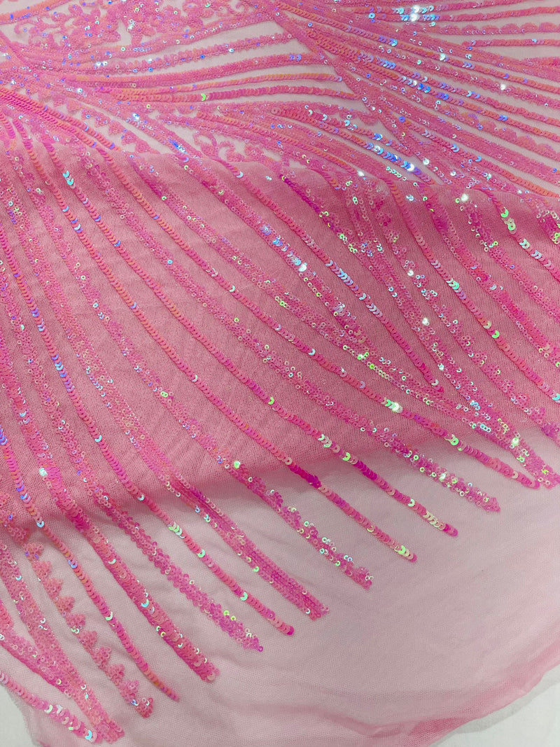 Geometric Feather wing shiny sequin design on a 4 way stretch mesh Fabric-old by the yard.