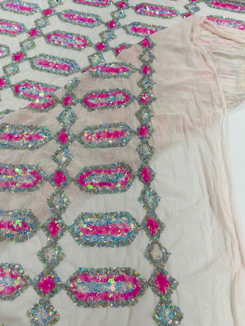 Candy Pink/Silver multi color iridescent Jewel sequin design on a Pink 4 way stretch mesh fabric.
