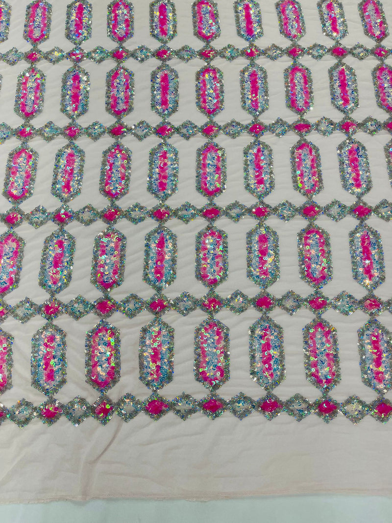 Candy Pink/Silver multi color iridescent Jewel sequin design on a Pink 4 way stretch mesh fabric.