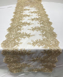 14"Wide X 90"Long Sequins Metallic Embroidered Lace on Mesh Fabric, Trim Lace, Table Runner.