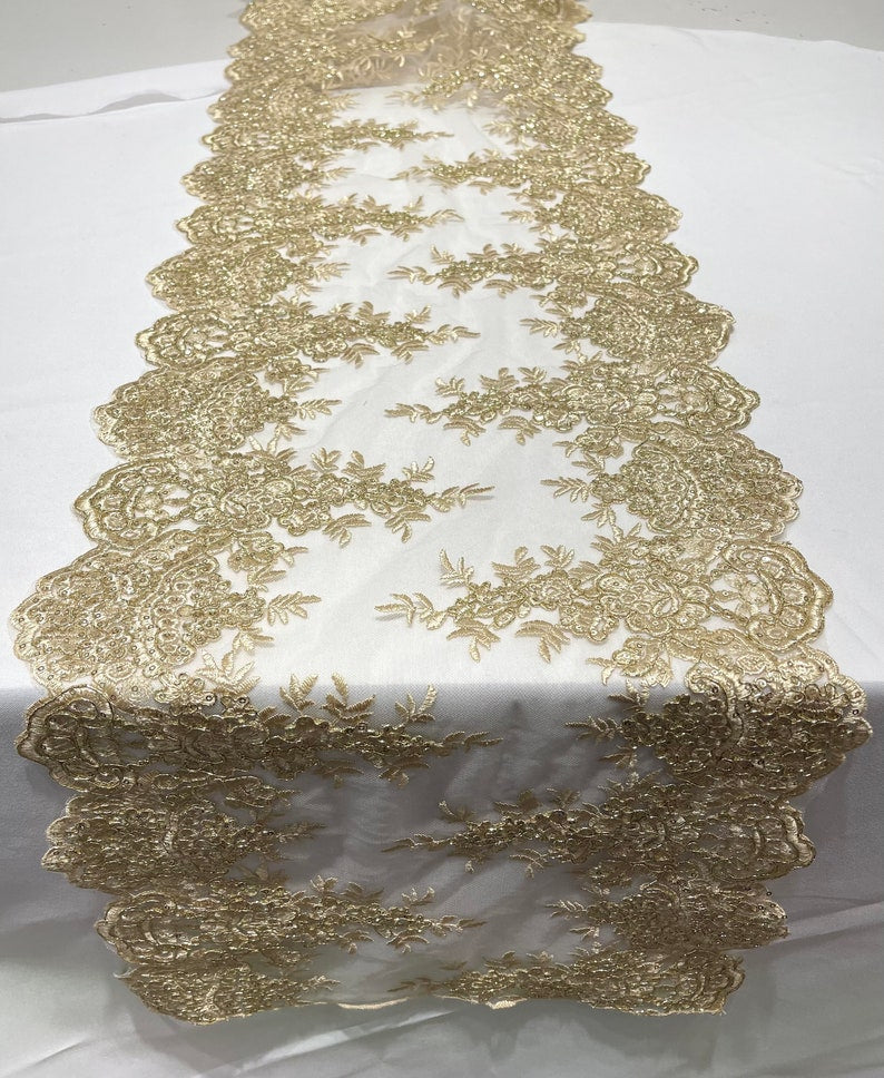 14"Wide X 90"Long Sequins Metallic Embroidered Lace on Mesh Fabric, Trim Lace, Table Runner.