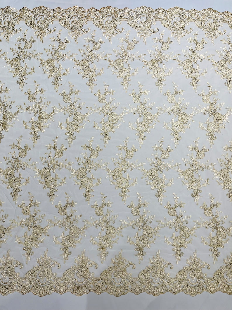 Champagne Corded embroider flowers on a mesh lace fabric-prom-sold by the yard.