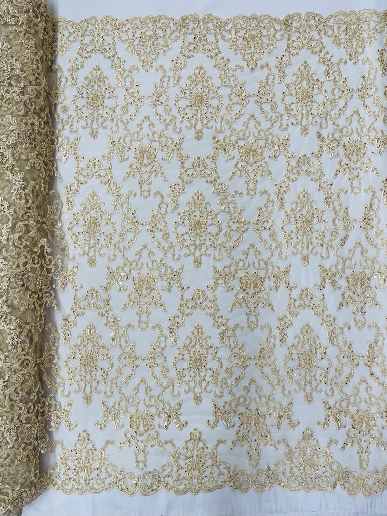 Champagne Damask embroider with sequins and heavy beaded on a mesh lace fabric-sold by the yard
