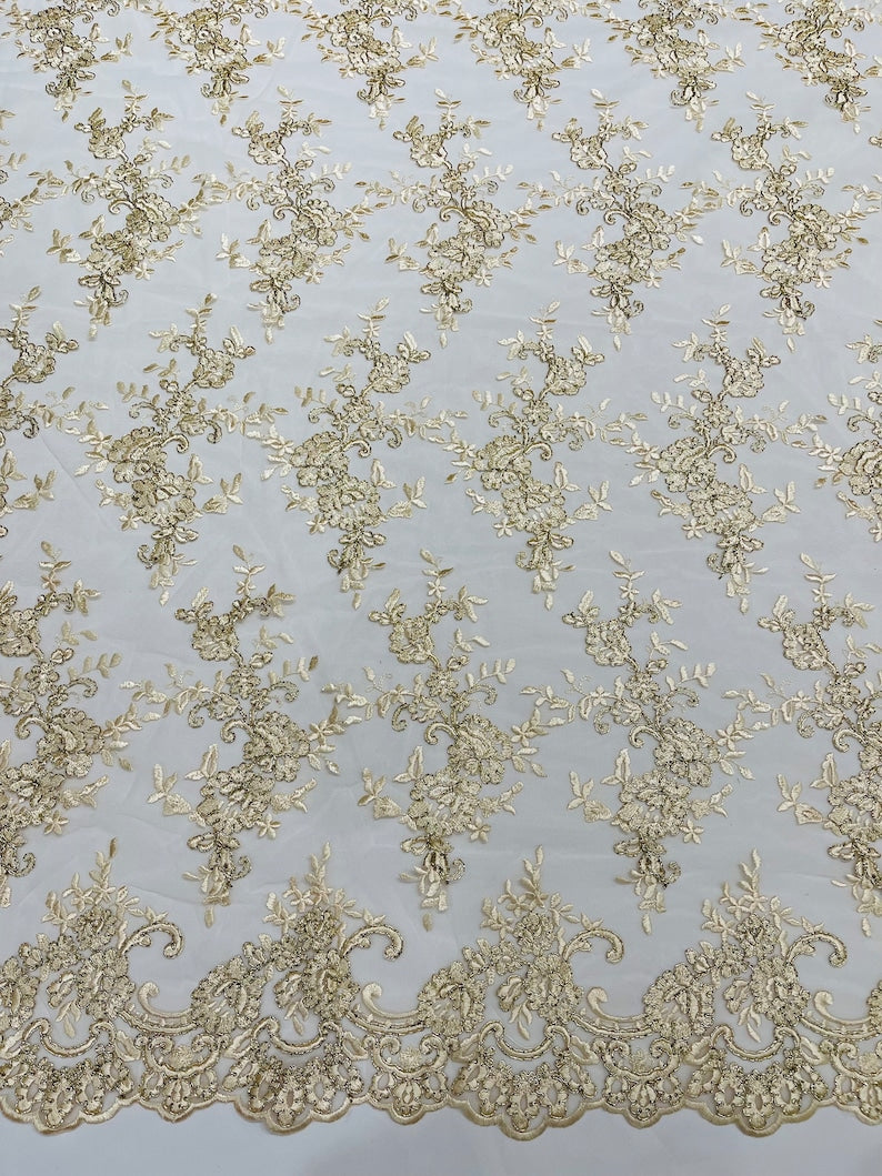 Champagne Corded embroider flowers on a mesh lace fabric-prom-sold by the yard.
