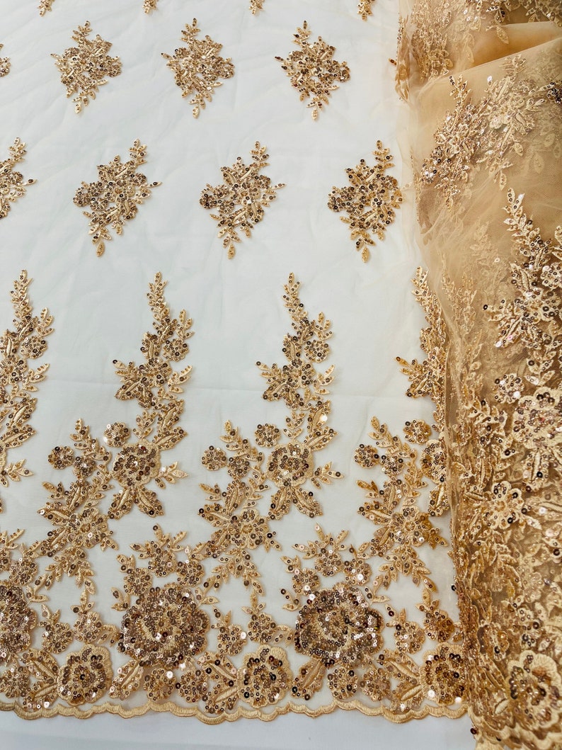 Champagne Floral design embroider and beaded on a mesh lace fabric-Wedding/Bridal/Prom/Nightgown fabric