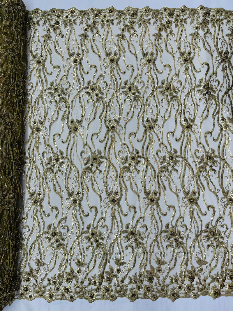 Champagne Vine Floral Beaded Lace/Sequin Embroider Lace Fabric - Sold By the Yard.